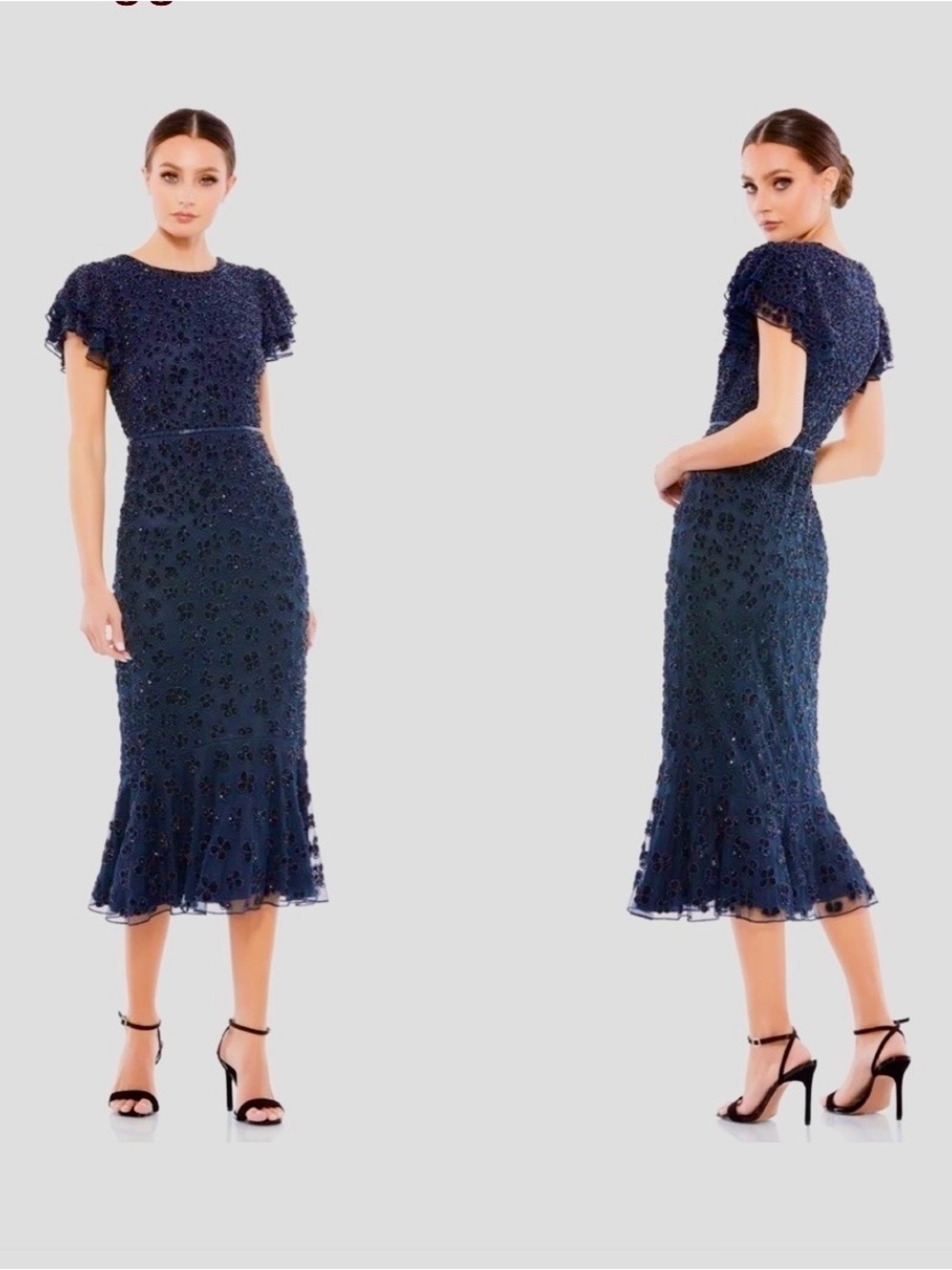 Mac Duggal Navy Floral Beaded Ruffle Sleeve Evening Dress